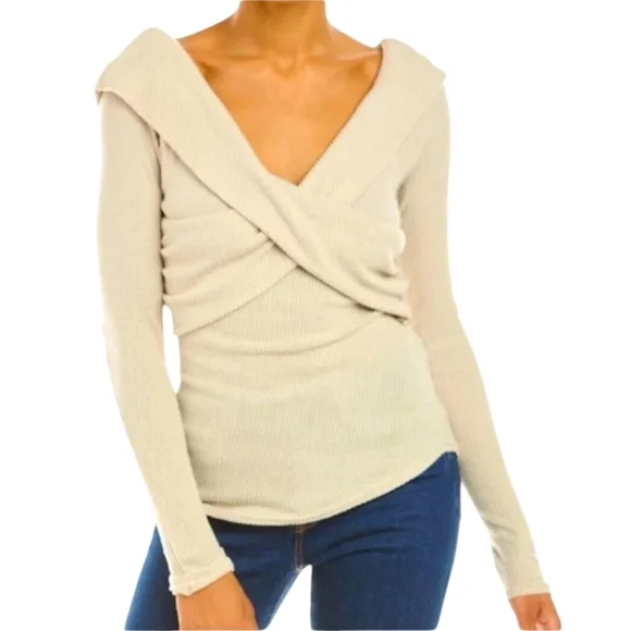 Free People Marley Off-Shoulder Neutral Oatmeal soft ribbed Wrapped Sweater sz S - Picture 6 of 11
